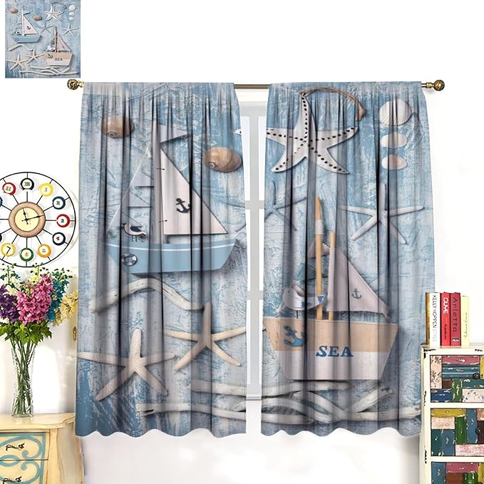 Nautical Curtain,Navy Anchor Sailing Map Starfish Seashells Bedroom Curtain,Waterproof Washable Fabric for Bedroom Decor Set 2 Panels,42x63 Inches