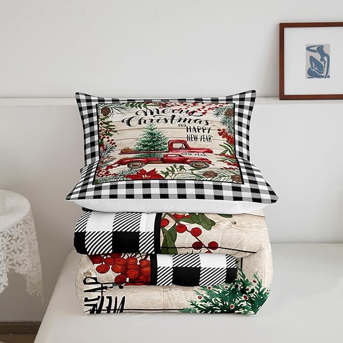 Manfei Red Truck Comforter Set Full Size, Christmas Theme New Year Quilt Set with 2 Pillowcases, Grey Plaid Print Bedding Set 3pcs for Kids Boys Girls Bedroom Decor
