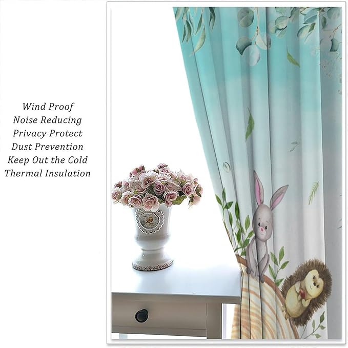 Kids Forest Animal Curtains, Woodland Animal Window Treatments Fox Deer Bunny Wildlife Safari Jungle Bear Farmhouse Window Drapes for Girls Boys Nursery Bedroom 42x45in