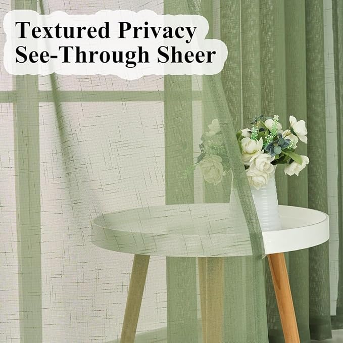 Sage Green Linen Look Pinch Pleated Sheer Curtains 108 Inches Long 2 Panels, 50 Inches Width, Rustic Textured Light Filtering Drapes, Elegant Floor to Ceiling Window Curtain with Hooks