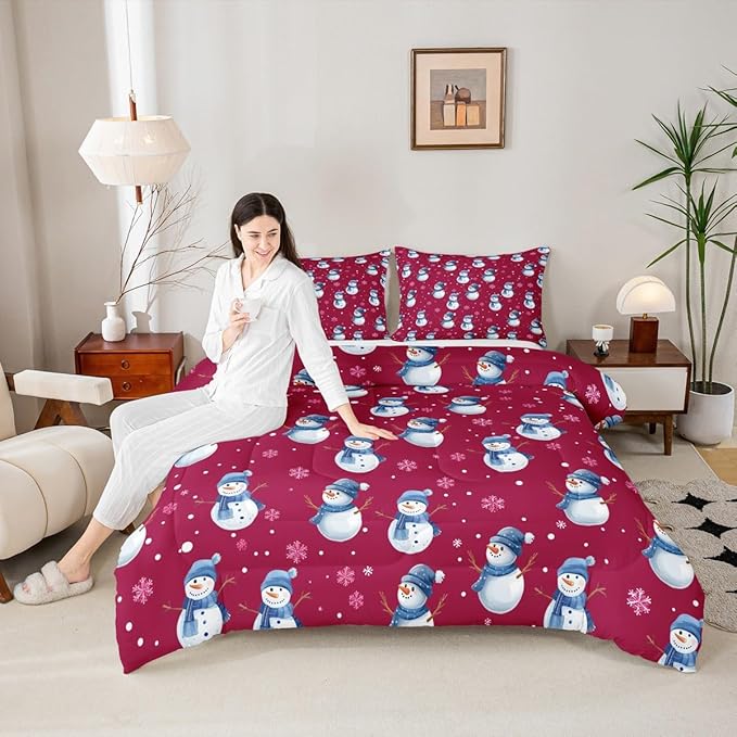 jejeloiu Kids Cute Winter Snowman Comforter Set King Size Red Christmas Theme Bedding Set for Boys Girls Teens Xmas Snowflake Happy New Year Duvet Quilt Room Decor