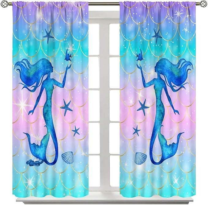 Mermaid Scale Curtains for Kids Girls Magic Gradient Mermaid Fish Scale Pattern Decoration Bedroom Nursery Curtains 84x84 Inch