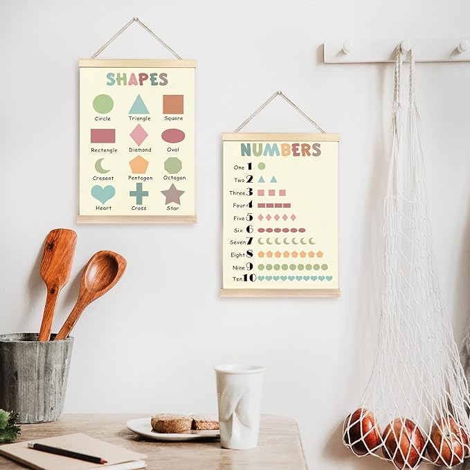 CGBHW Boho Educational Shape Poster Hanger Frame Set of 2, Geometry Number Learning Posters Wall Art Hanging Decor for Kids Room Nursery Classroom Home School Playroom Homeschool, 16x12 Inch