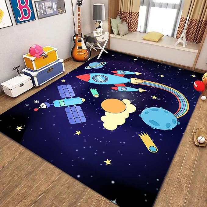 Outer Space Themed Rug,5x6ft,with Cartoon Planets,Stars and Rocket Design Rugs, Suitable for Playroom Bedroom Printed Rug, Non-Slip Machine Washable Carpet, Children's Room Decor