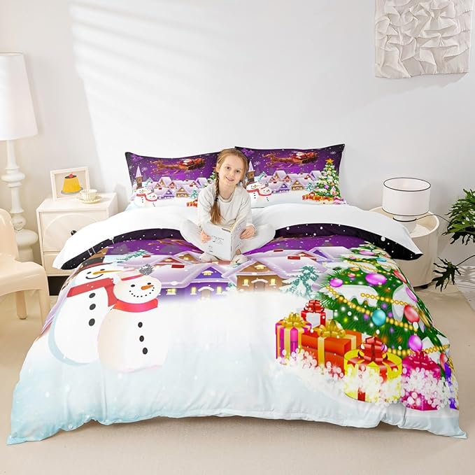 Manfei Xmas Duvet Cover Set Full Size, Snowman Christmas Tree Bedding Set for Kids Boys Girls, Santa Claus with Reindeer Comforter Cover New Year Theme Quilt Cover with 2 Pillowcases, No Comforter