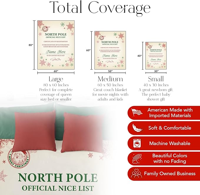 Custom Christmas Blanket, Santa’s Nice List - Ships Next Day, Printed in USA - Warm Fleece or Sherpa Sofa Throw, Cute Holiday Décor - Customizable Family Throws (Sherpa 60x80)