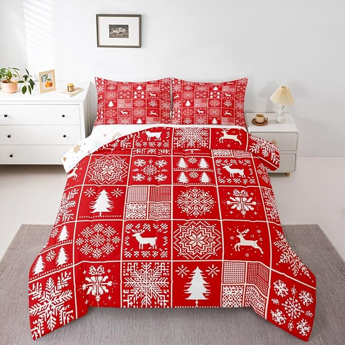Kids Merry Christmas Comforter Set Twin Size,Deer Snowflake Pines Silhouette Bedding,Girls Boys Adults Bedroom/Xmas Cabin Decor,Geometric Lattice Down Comforter,Red Bright Duvet Insert,1 Pillowcase