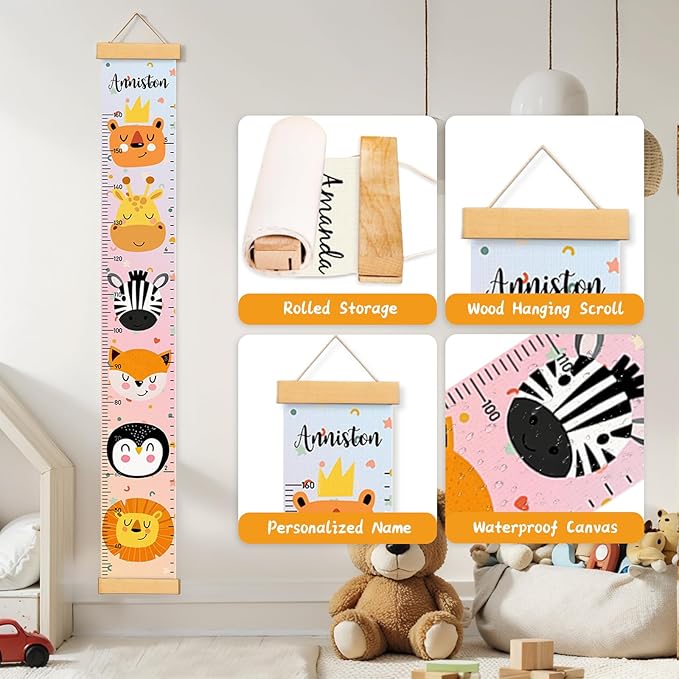 Personalized Name Height Chart for Kids, Kids Growth Chart for Wall, 59" X 7.9" Canvas Removable Height Chart Measuring Ruler for Kids & Baby(Painted Animal）