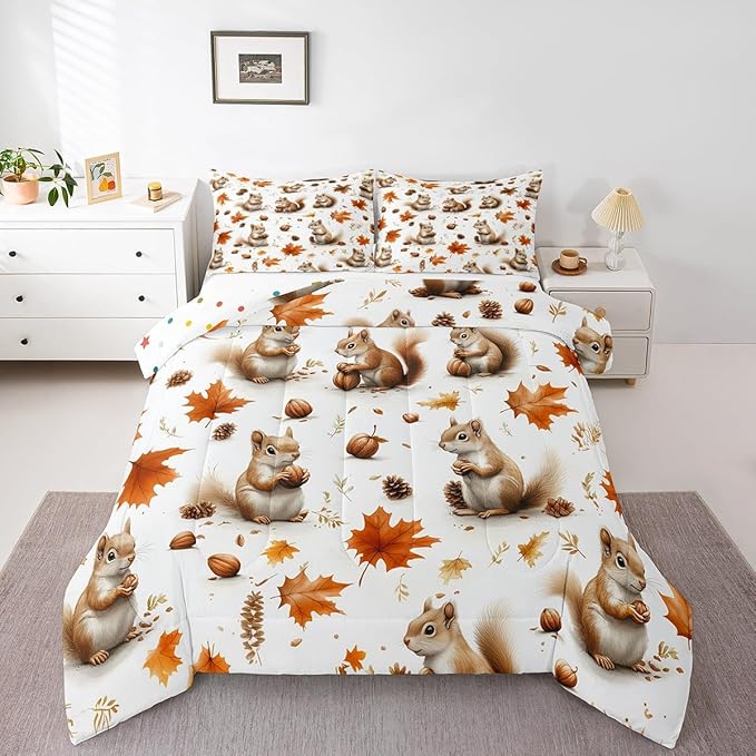 Feelyou Boys Girls Fall Autumn Duvet Cover Queen Size, Cute Squirrel Comforter Set Cartoon Animal Comforter Cover Kids Maple Leaf Teens Bedspread Cover Bedroom Decor Bed Set 3Pcs