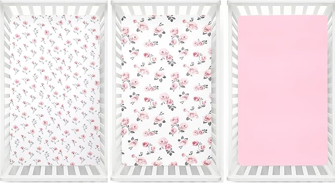 PHF 3 Pack Soft Rose Floral Crib Sheets Fitted, Silky Comfy Breathable Baby Sheets for Boys Girls, 28x52 Inches Fits Standard Crib and Toddler Mattresses, Pink Floral