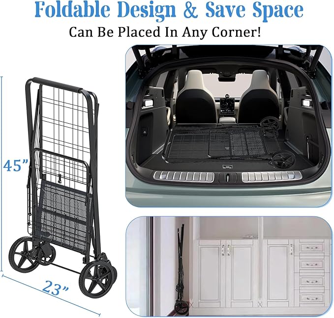 Heavy Duty Folding Shopping Cart for Groceries, Jumbo Grocery Carts with 360° Swivel Wheels, Waterproof Bag, Portable Utility Trolley for Daily, Laundry, Holds Up to 320 LBS