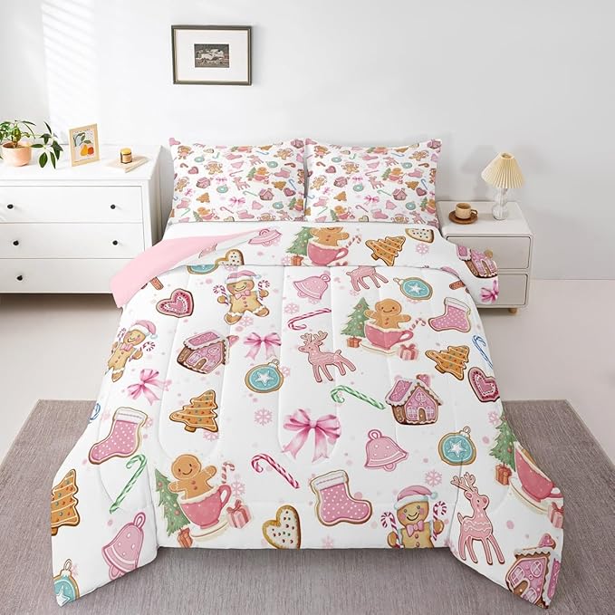 Cute Bow Tie Comforter Set Full Size,Pine Tree Merry Christmas Elk Deer Kids Bedding Set,Bowknot Gingerbread Man Snowflake Quilt Comforter,Pink White Colorful Duvet Insert,2 Pillowcases