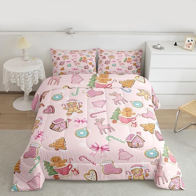 Merry Christmas Comforter Set King Size,Gingerbread Man Elk Deer Bowknot Kids Bedding Set,Cute Girly Bow Tie Xmas Tree Quilt Comforter,Pink Colorful Duvet Insert,2 Pillowcases