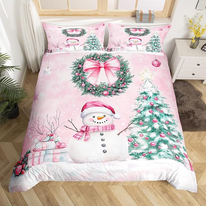 Manfei Christmas Kids Duvet Cover Set Queen Size, Cute Snowman Xmas Tree Bedding Set for Boys Girls Adults, Pink Bowknot Xmas Comforter Cover, Soft Polyester Quilt Cover, 2 Pillowcases, No Comforter