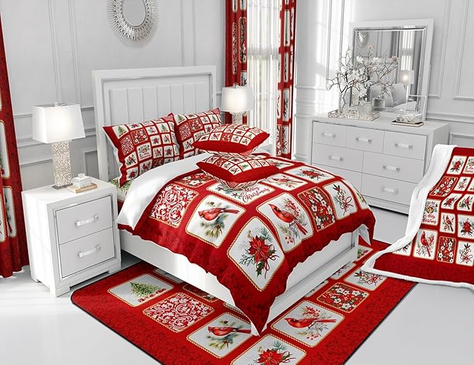 Castle Fairy Merry Christmas Full Size Comforter Set,Red Patchwork Xmas Themed Plaid Bedding Comforters Bedroom Collection,Cardinals Berries Bells Floral Pine Bedding Set for Girls Teens