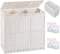 Laundry Hamper with Lid Laundry Basket 132 L (35 Gal) Wicker Clothes Hamper, Handwoven Rattan Hamper with Handles and 4 Removable Liner Bags, 6 Mesh Bags for Laundry Bedroom White