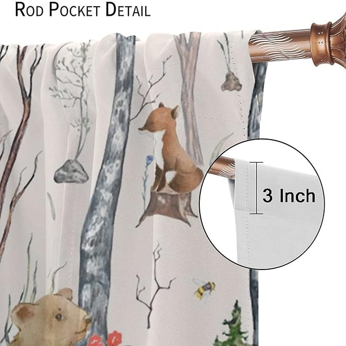 Rustic Forest Window Curtains Curtains, Woodland Animal Bear Deer Hedgehog Fox Forest Squirrel Watercolor Blackout Rod Pocket Window Treatments Drapes for Boys Girls Bedroom 72x63in