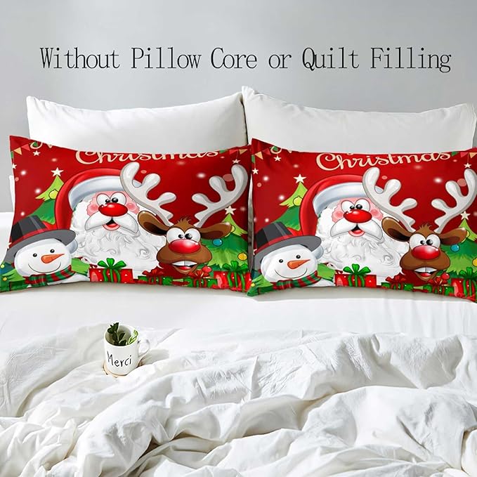 LUVIVIHOME 3PCS Red Christmas Duvet Cover Full Bedding Set, Boys Girls Kids Bedding, Santa Claus Snowman Reindeer Holiday New Year Xmas Gifts Christmas Comforter Bedspread Quilt Cover, 2 Pillow Cases