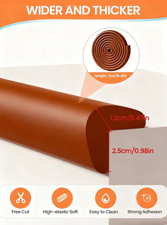 Baby Proof Edge Corner Protector, 16.4FT 0.47''Th L-Shape Furniture Corner & Edge Safety Bumpers with 10 Corners, Pre-Taped, Soft NBR Rubber Foam Desk Edge Cushion Wall Corner Protector (Coffee)