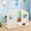 Twin Montessori Floor Bed with Roof, LED Light, Wood House Bed Frame with Headboard and 2 Windows, Low to Ground Cute Playhouse Bed for Kids, Girls, Boys, Without Slats (White)
