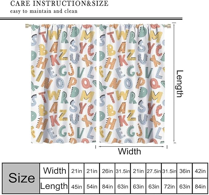 Kids Alphabet Letter Curtains Cute Funny Education Printed Curtain with Rod Pocket for Bedroom Living Room Home Decor Drapes Window Treatments 2 Panels Set 63" W X 63" L