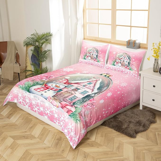 Manfei Christmas Duvet Cover Set Twin Size, Pink Castle and Snowman Print Bedding Set 2pcs for Kids Girls Teens Bedroom Decor, New Year Snowflake Print Comforter Cover with 1 Pillowcase,No Comforter