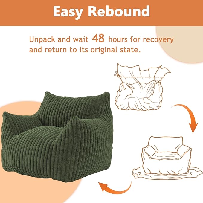 Giant Bean Bag Chairs for Adults with Filling Plush Fluffy Bean Bag Chairs for Teens with Armrests Comfy BeanBag Lazy Couch Sofa Chair for Bedroom Living Room Reading (Green, L-for Adults)