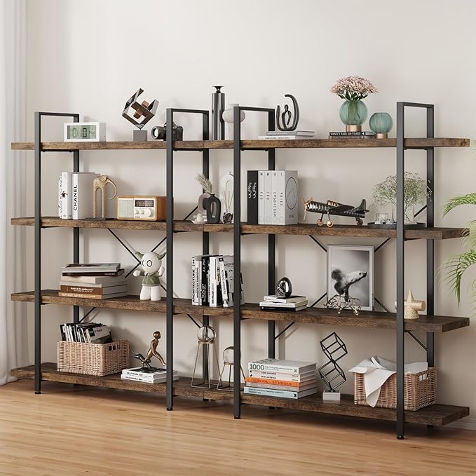 4 Tier Bookcase, 47 Inch Wide Wood Bookshelf, 120lbs Shelf Capacity Estante, Rustic Open Shelving Industrial Display with Reinforced Horizontal Brown Shelves for Living Room Bedroom Office