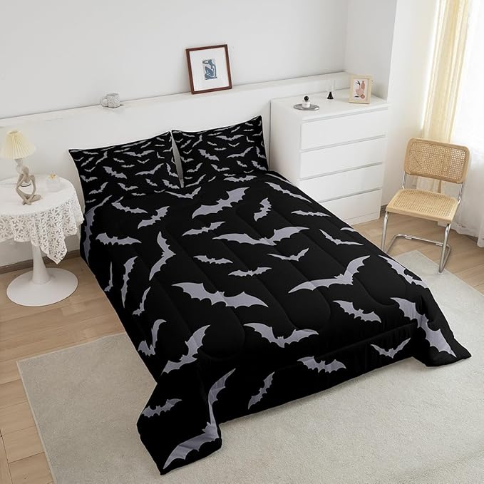 Erosebridal Happy Halloween Comforter Set for Kids Youth Grey Bats Bedding Set Gothic Spooky Quilt Twin Size Cartonn Bed Decorative Bedding Comforter Sets with 1 Pillow Case