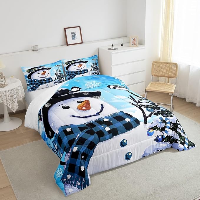 Feelyou Kids Christmas Theme Decorations Bedding Set Xmas Snowman Comforter Set for Boys Girls Cute Comforter Blue Bedroom Collection Queen Size