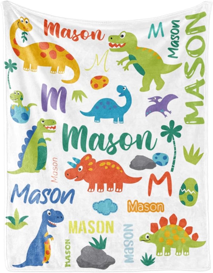 Personalized Dinosaur Blanket with Name for Boys, Custom Name Blanket for Teen Dino, Soft Flannel Dinosaur Blankets Customized Gift for Birthday 50"x60"