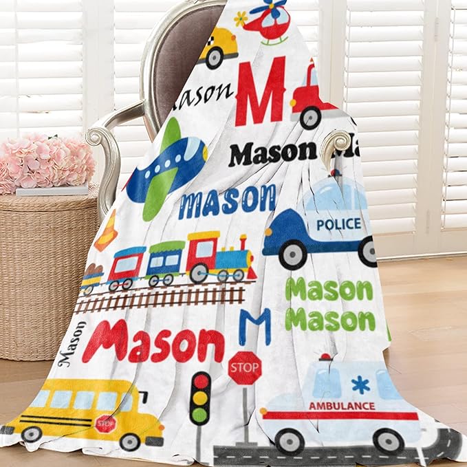 Custom Blanket with Name for Boys, Personalized Name Blanket City Transport, Soft Flannel Blankets Customized Gift for Children Day Birthday Christmas-40 x50