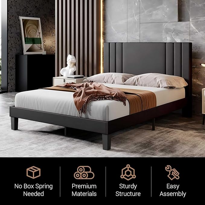 Tyndall Full Size Bed Frame, Faux Leather Upholstered Platform with Headboard, Black