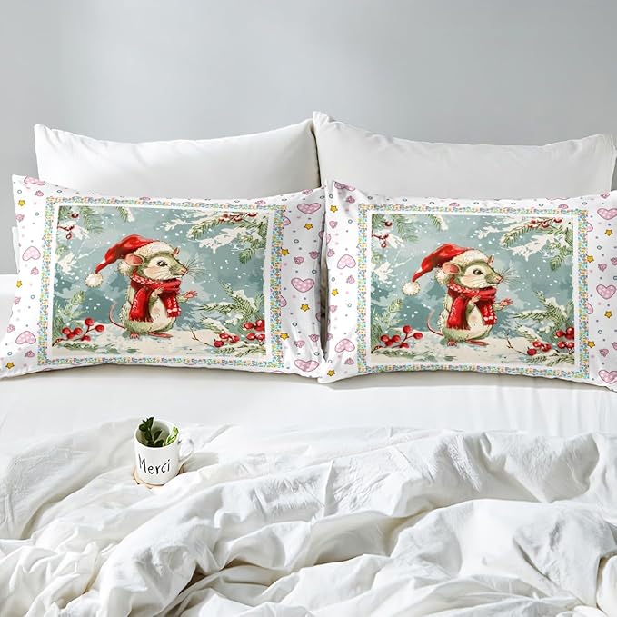 Feelyou Christmas Bedding Set Xmas Tree Snowflake Duvet Cover for Kids Boys Girls Cartoon Mouse Love Print Comforter Cover Cute Animal Bedspread Cover Bedroom Collection 3Pcs Queen Size,No Comforter