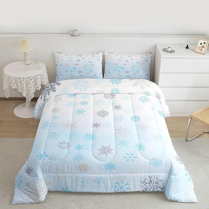 Feelyou Glitter Snowflake Comforter Set Full Size, Blue Snowflake Comforter Kids Toddler Ombre Bedding Set Winter Theme Duvet Set Microfiber Bed Set