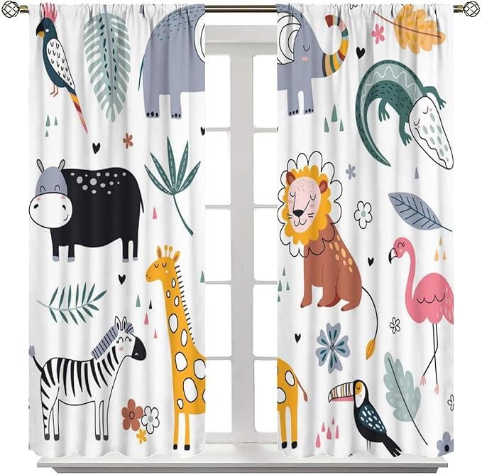 YCness Cartoon Forest Animals Curtains, Woodland Woodland Wild Giraffe Zebra Lion Hippopotamus Window Treatments for Kids Bedroom Living Room Home Nursery Drapes, 72x63 Inch