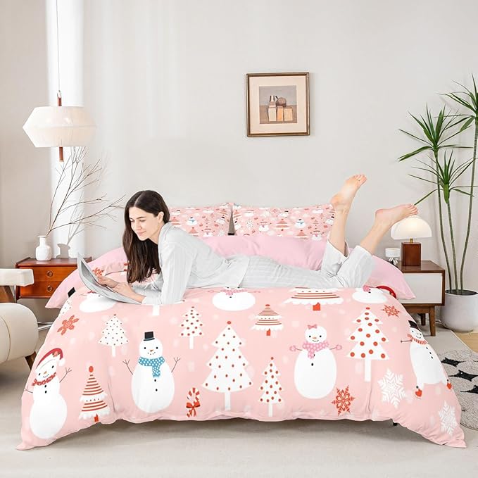 Christmas Kids Bedding Set Cartoon Snowman Bedding Duvet Cover Set for Boys Girls Christmas Tree Decor Comforter Cover Set Pink Dots Xmas Theme Bedspread Cover Bedroom Quilt Cover 2Pcs Toddler Size