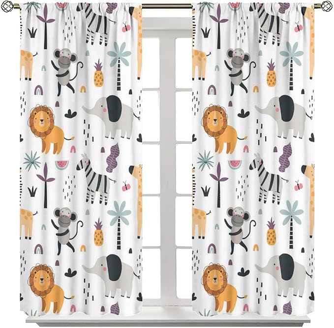 Cute Cartoon Animals Curtains Tropical Jungle Animals Elephant Giraffe Monkey Lion Modern Abstract Aesthetics for Kids Boys Bedroom Nursery Rod Pocket Decoration Window Drapes 2 Panels W27.5xL63in