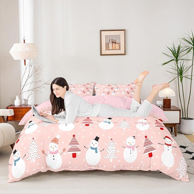 Christmas Duvet Cover Cartoon Snowman Christmas Tree Bedding Set Snowflake Comforter Cover for Boys Girls Children Teens Bedroom Decor Pink Xmas Theme Bedspread Cover Twin Size With 1 Pillow Case