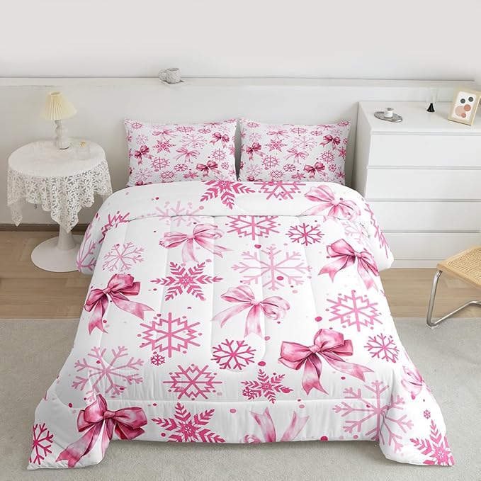 Cute Bow Tie Comforter Set King Size,Girly Bowknot Snowflake Dots Kids Bedding Set,Merry Christmas Winter Princess Quilt Comforter,Pink White Duvet Insert,2 Pillowcases
