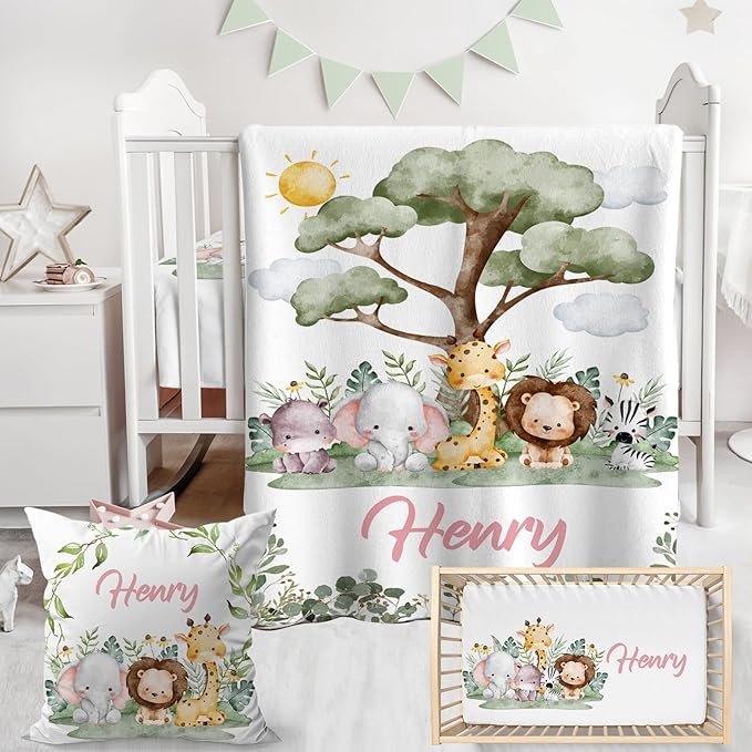 Personalized Baby Crib Bedding Set,3 Piece Custom Name Nursery Set with Blanket, Fitted Sheet & Pillowcase for Baby Girls & Boys, Safari Friends Theme(Fixed Size)