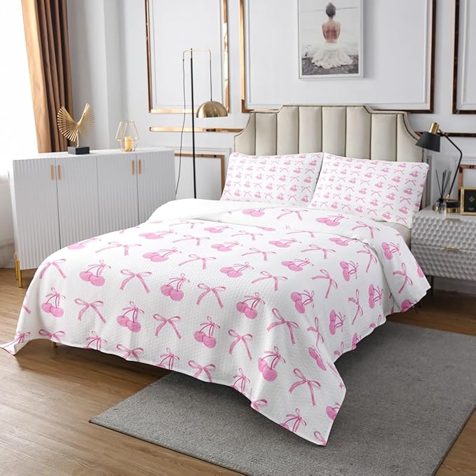 Manfei Cherry Bowknot Kid Bedspread Queen Size,Pink Bow Tie Butterfly Knot Princess Coverlet Set,Girls Women Room Decor,Cartoon Bow Patchwork Quilted Coverlet,Dreamy Sweet Bedding Quilt,2 Pillowcases