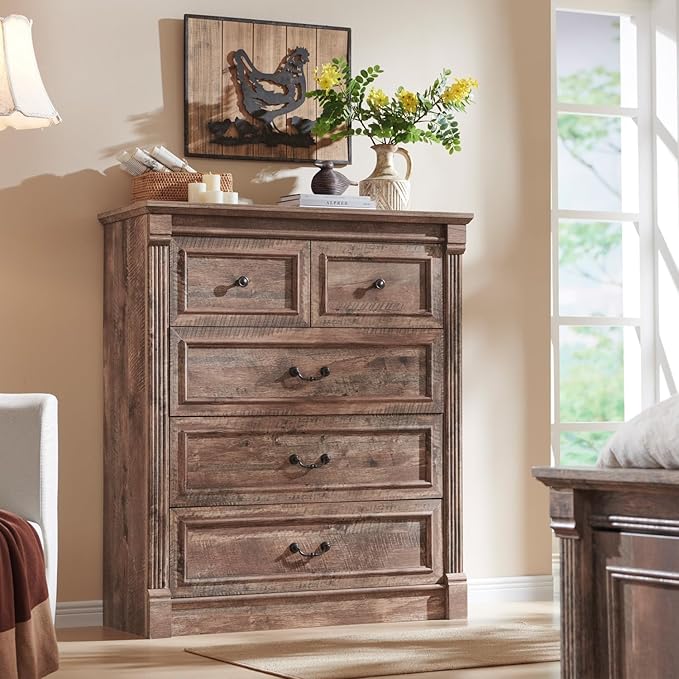Farmhouse 5 Drawers Dresser for Bedroom, 46" Tall Dressers & Chests of Drawers w/Roman Column, Large Storage Dressers Organizer for Bedroom, Hallway, Living Room, Light Brown