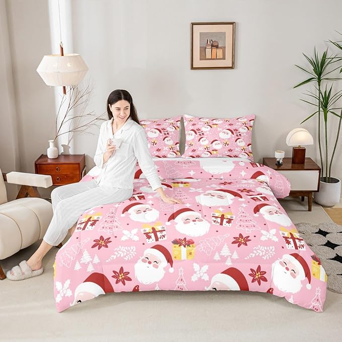 jejeloiu Santa Claus Comforter Set Queen Size Merry Christmas Bedding Set for Kids Boys Girls Xmas Themed Duvet Quilt Pink Bedroom Decor