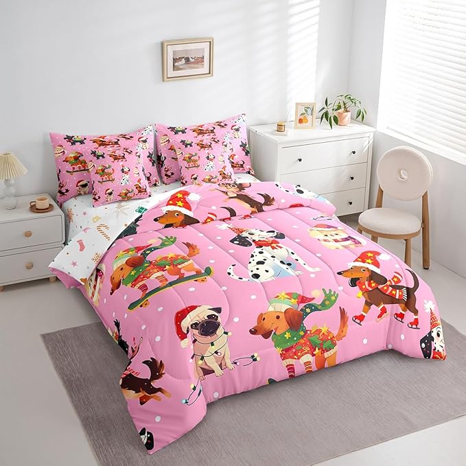 Feelyou Xmas Dog Bedding Set Cute Dog Christmas Style Comforter Set with Sheets 3D Animal Bed in a Bag for Boys Girls Children Teens Bedroom Decor Pink Bed Set 7Pcs King Size