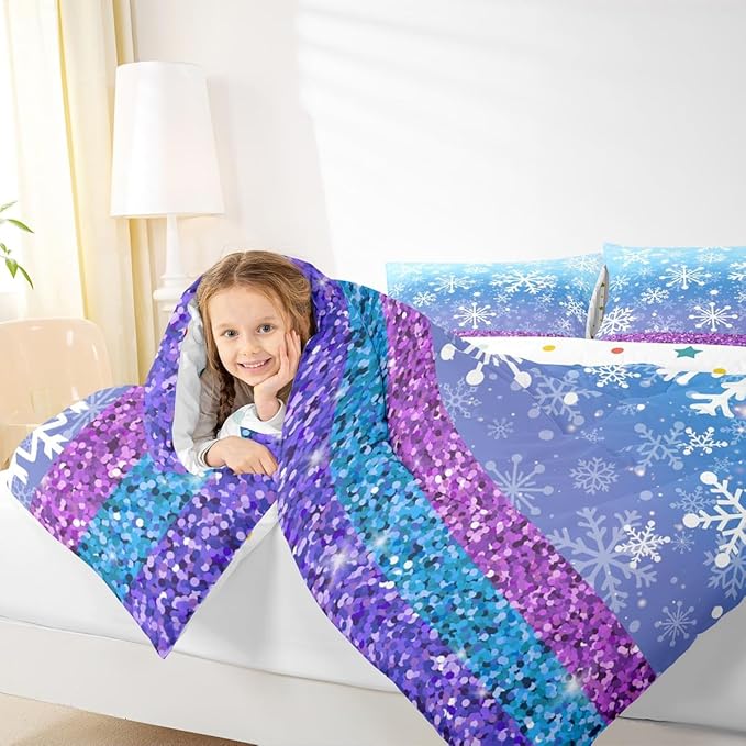 Feelyou Winter Snowflake Comforter Set All Season Glitter Print Bedding Set with 1 Pillow Cases Christmas Microfiber Kids Toddler Bedclothes Holiday New Year Bedroom Decor Duvet Quilt Soft