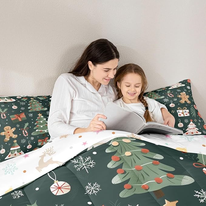 Feelyou Christmas Comforter Set Queen Size Xmas Tree Bedding Set for Kids Boys Girls Gingerbread Man Duvet Quilt New Year Gift Bedroom Decor Microfiber 3 Pcs with 2 Pillow Cases