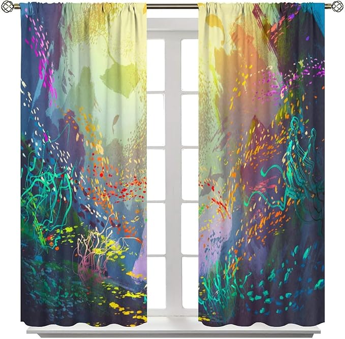 Ocean Blackout Curtain, Untouched Wild Underwater Aquatic World Corals Exotic Fishes Seascape Curtain for Living Room Cafe Set 2 Panels,55x63 Inches