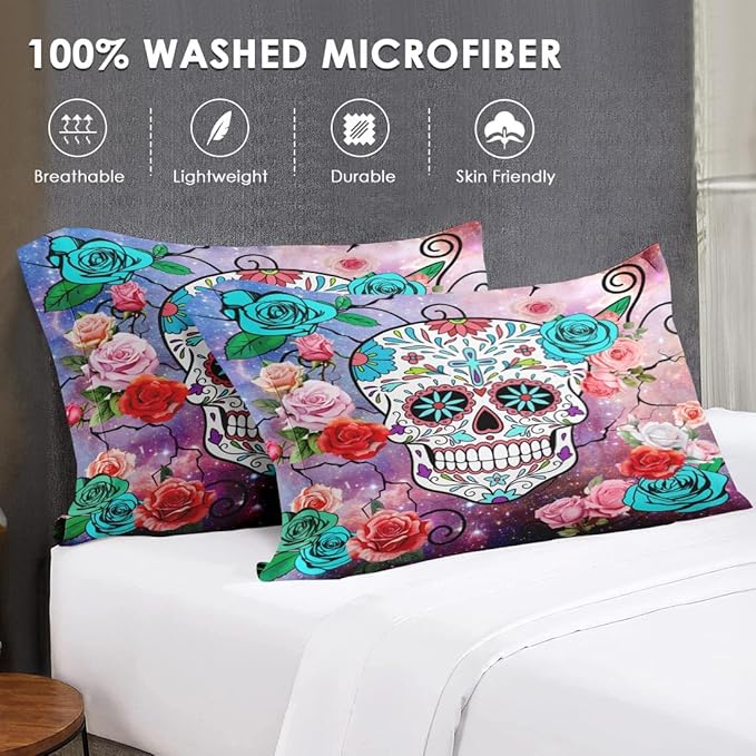 7 Pcs Full Size Comforter Set with 2 Pillowcases & 2 Shams, Sugar Galaxy Bedding for Kids and Adults, Vintage Skeleton Flower Bed in a Bag with Flat Fitted Sheet