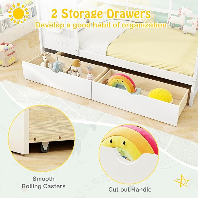 KOMFOTT Twin Size Wood House Bed with 2 Drawers, Wooden Bed Frame with Cube Storage & Fence Rails, Wooden Platform Twin Bed Frame with House-Shaped Roof for Bedroom, No Box Spring Needed (White)